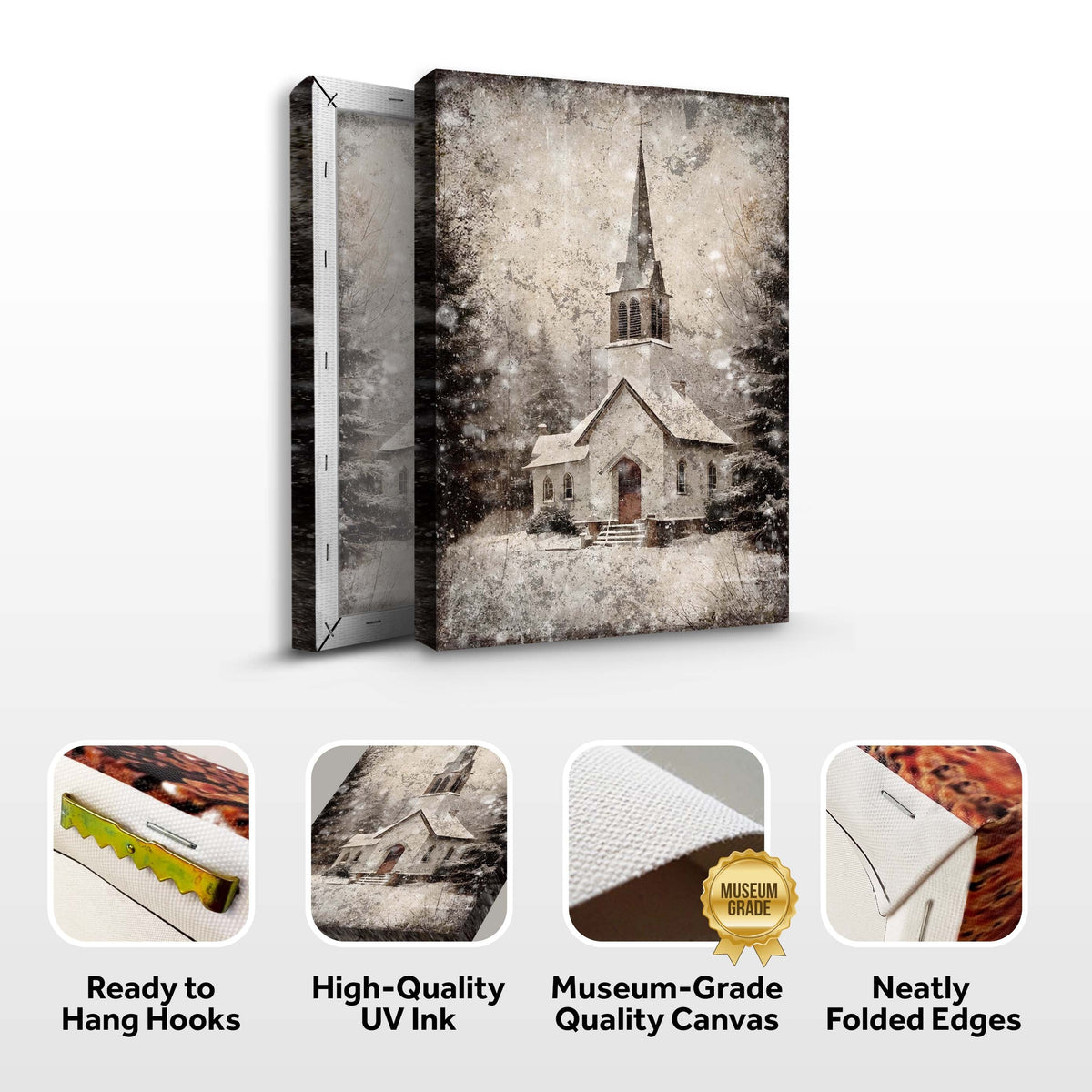 Vintage Church Christmas Canvas Wall Art