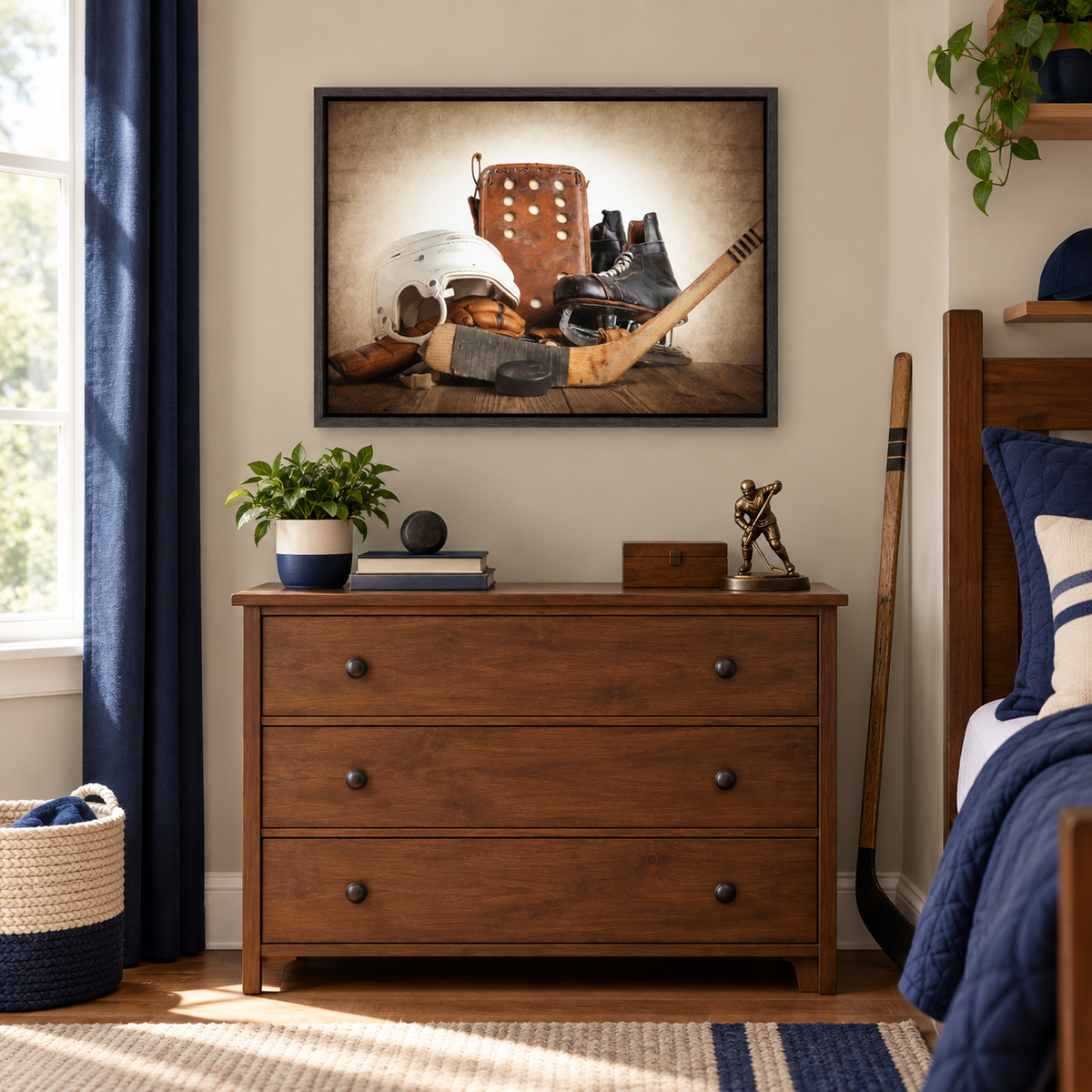 Sylvie Hockey Gear Framed Canvas by Shawn St. Peter