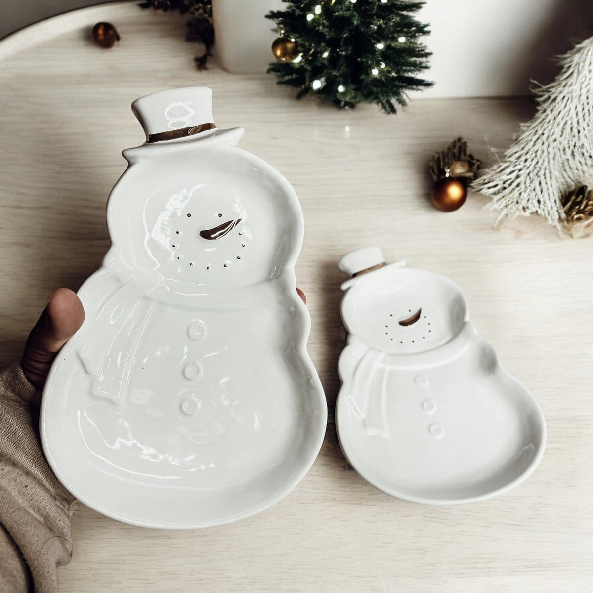 Snowman Serving Dish with Gold Accents