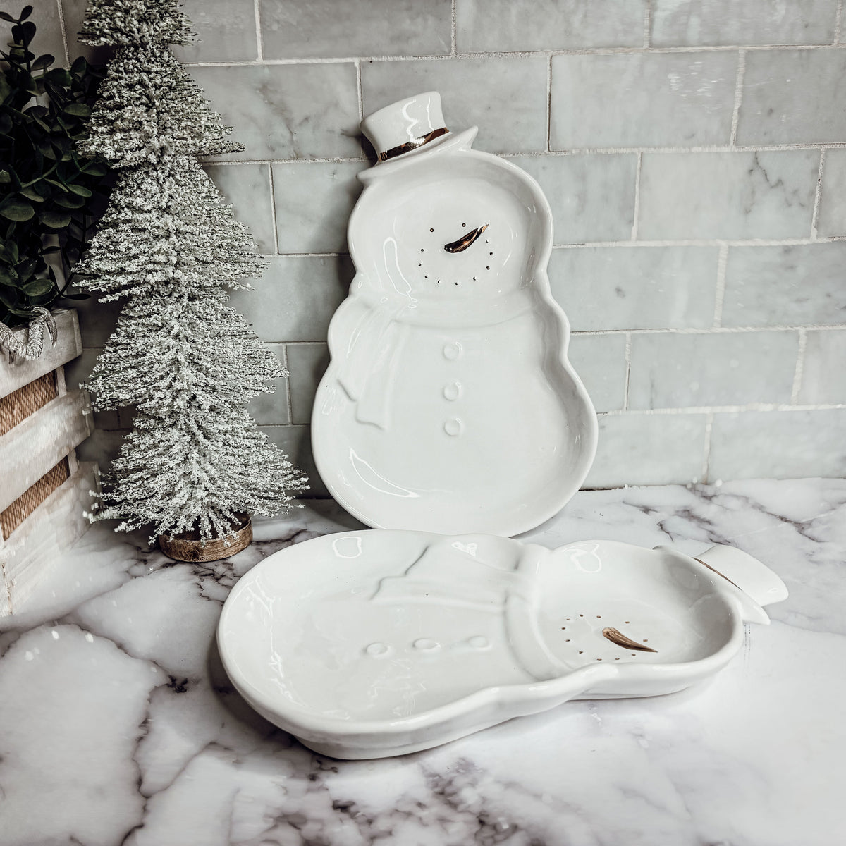 Snowman Serving Dish with Gold Accents