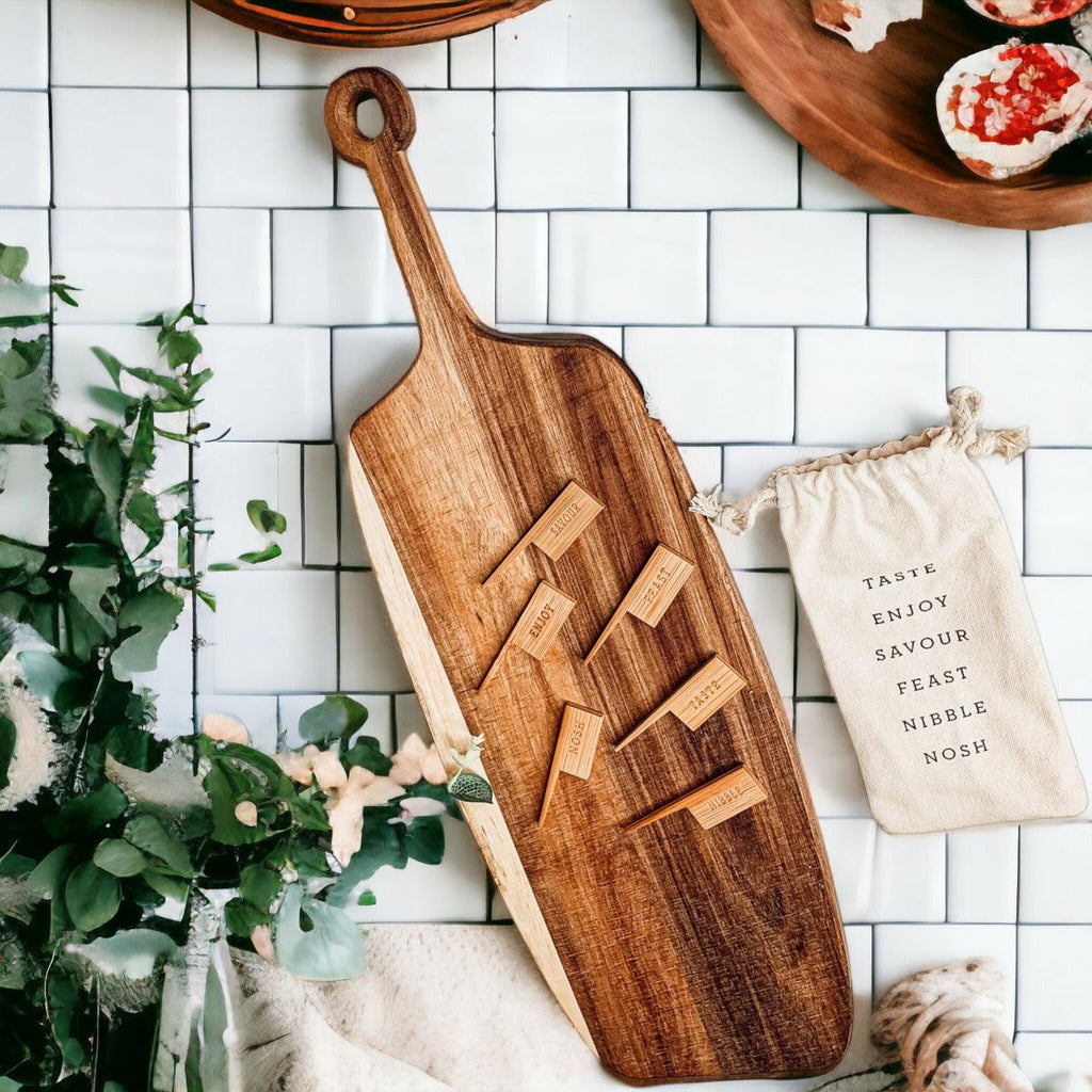 Acacia Serving Board with Six Bamboo Cheese Markers