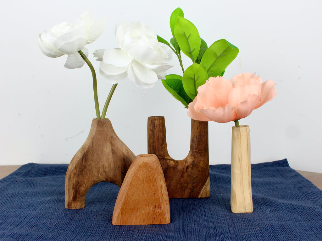 Hand-Carved Wood Bud Vases — Set of 4