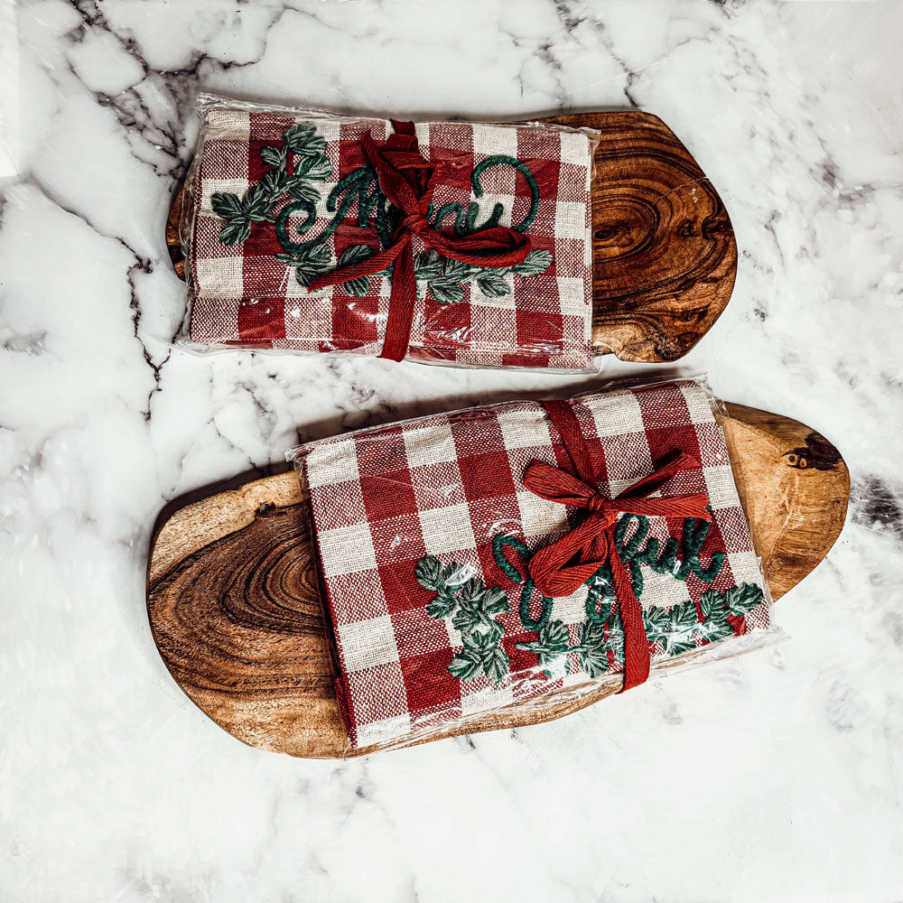 Holiday Acacia Board & Tartan Kitchen Towel Gift Set