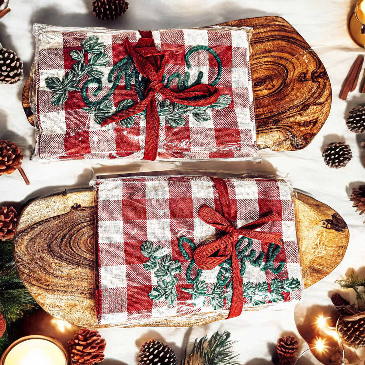 Holiday Acacia Board & Tartan Kitchen Towel Gift Set