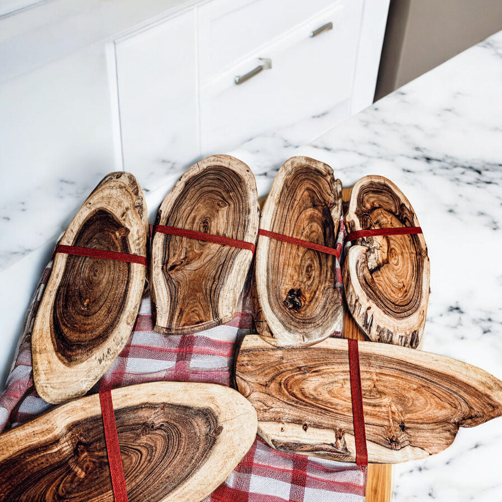 Holiday Acacia Board & Tartan Kitchen Towel Gift Set