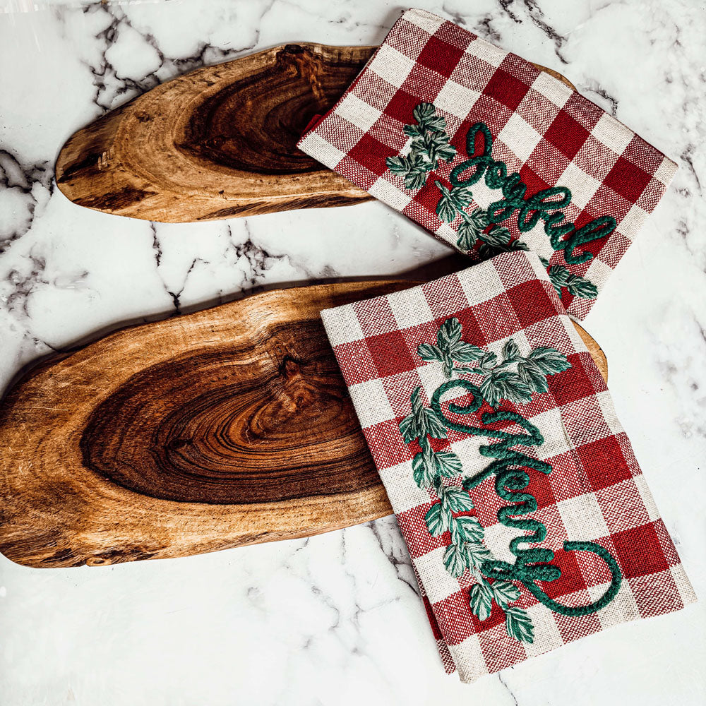 Holiday Acacia Board & Tartan Kitchen Towel Gift Set