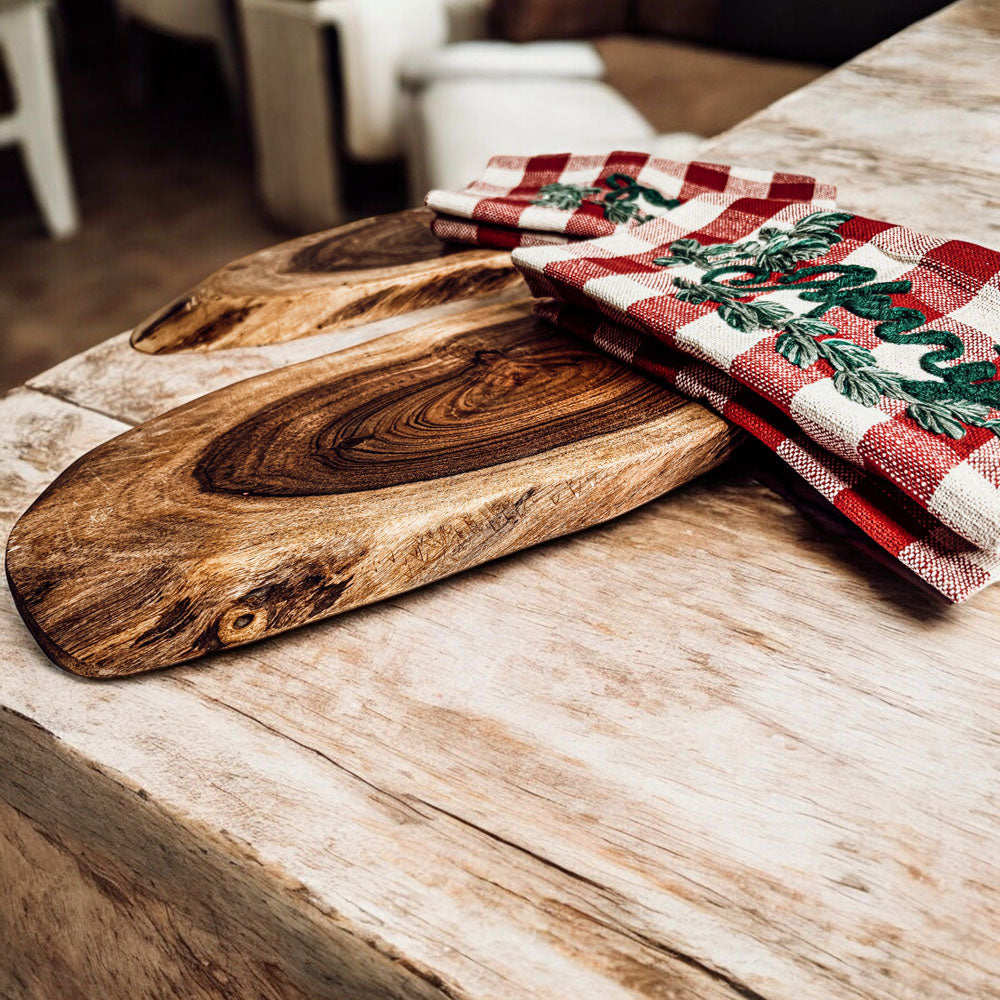 Holiday Acacia Board & Tartan Kitchen Towel Gift Set
