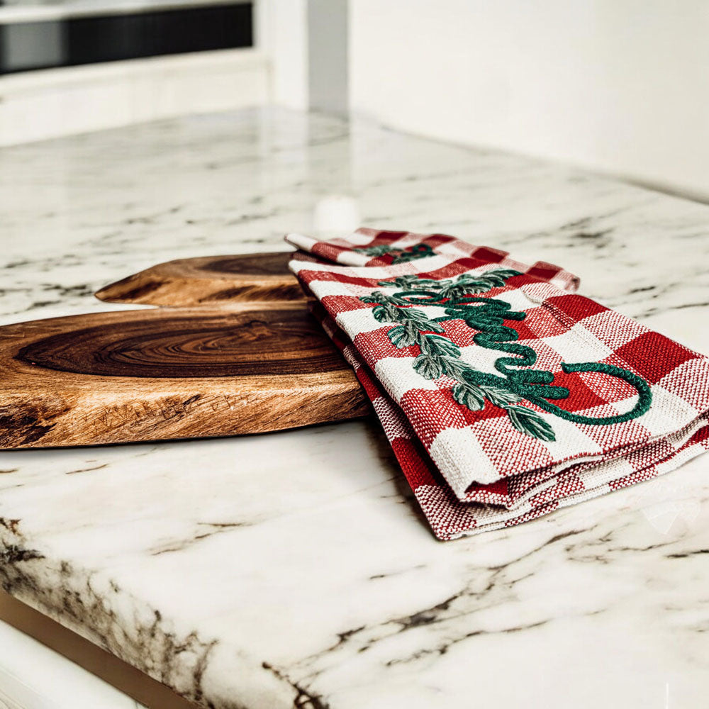 Holiday Acacia Board & Tartan Kitchen Towel Gift Set
