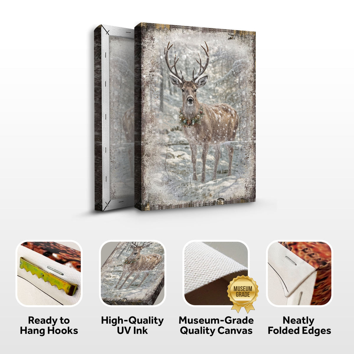 Vintage Winter Deer Christmas Canvas Wall Art