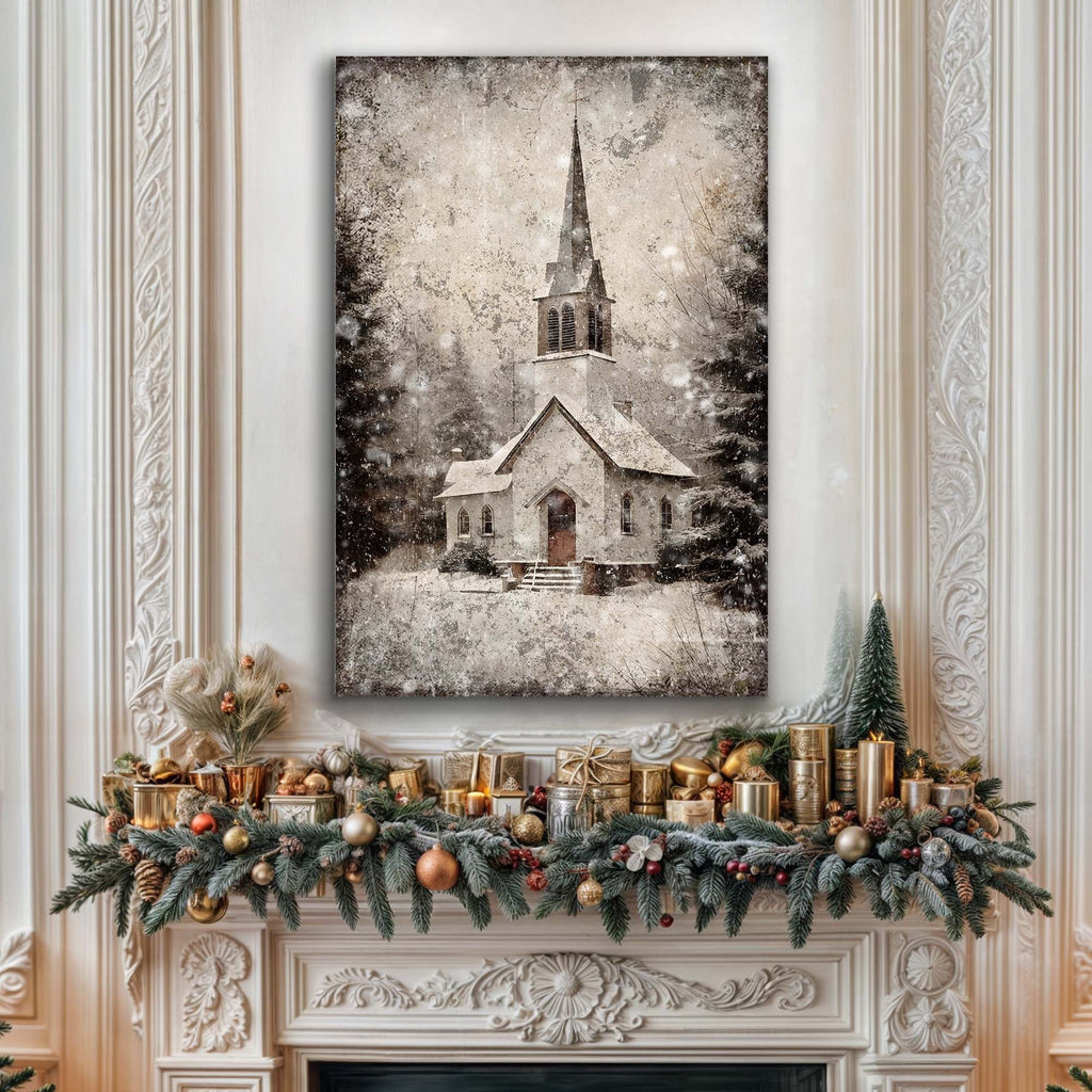 Vintage Church Christmas Canvas Wall Art