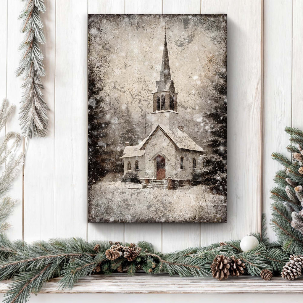 Vintage Church Christmas Canvas Wall Art