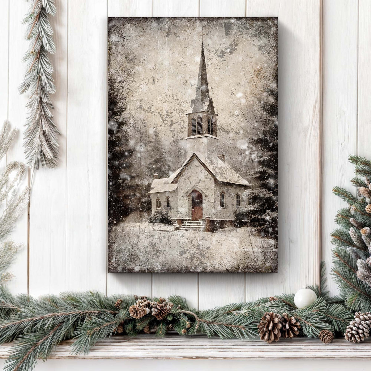 Vintage Church Christmas Canvas Wall Art