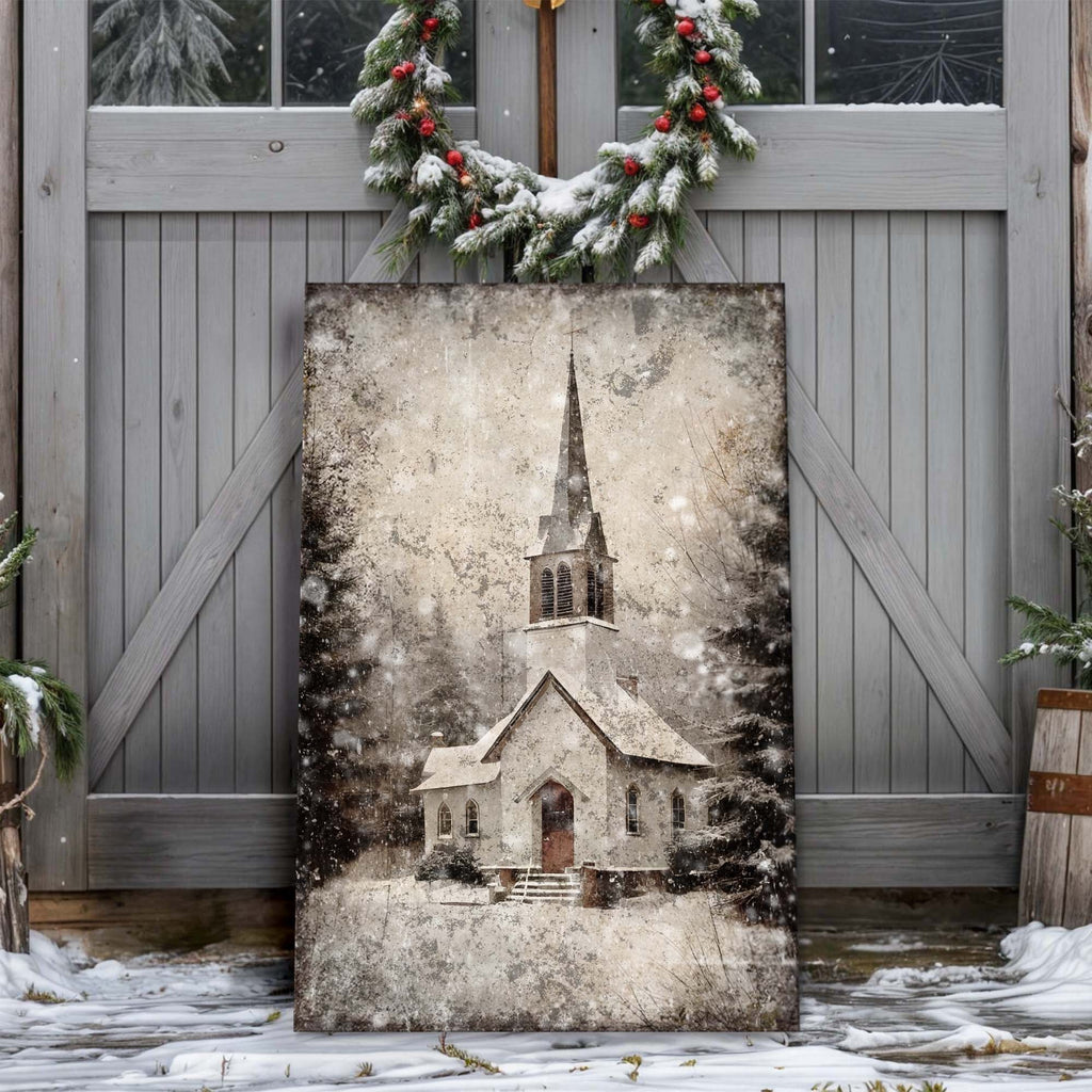 Vintage Church Christmas Canvas Wall Art