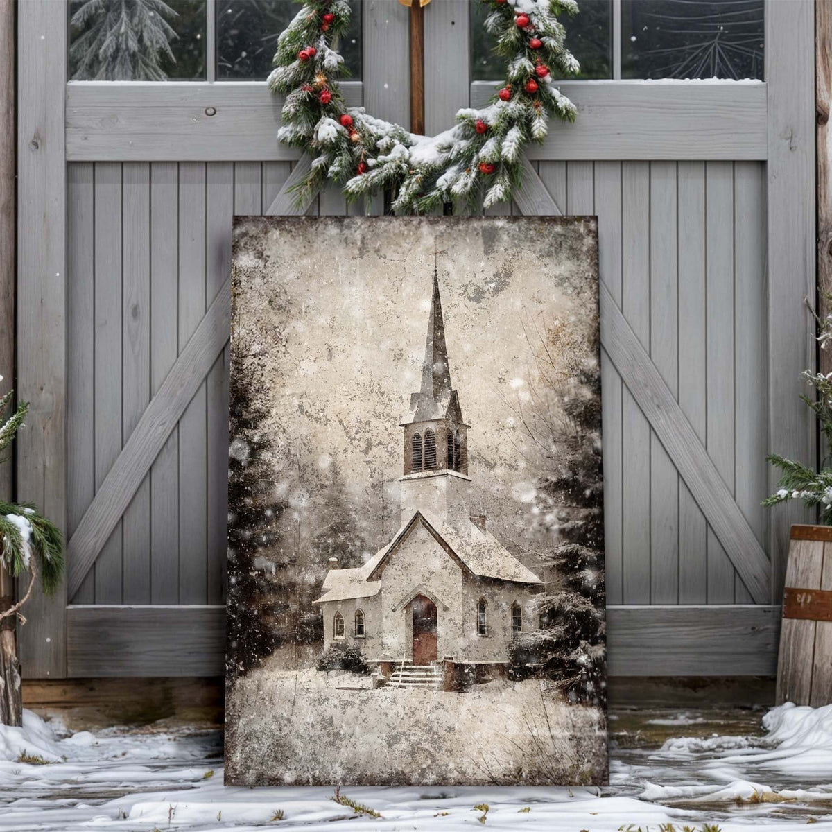 Vintage Church Christmas Canvas Wall Art