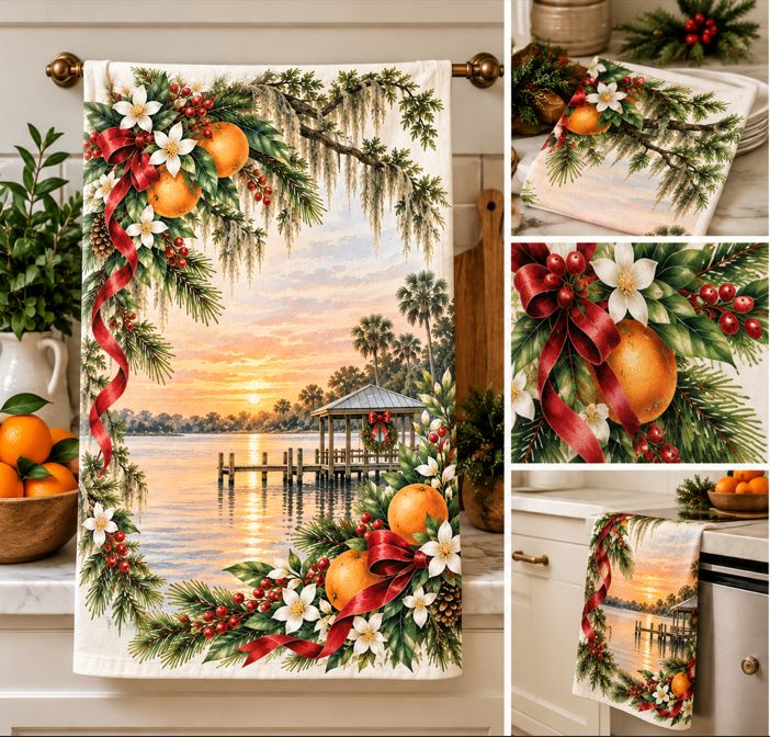 Old Florida Christmas Tea Towel, Vintage Watercolor Citrus & Lakeside Holiday Kitchen Decor