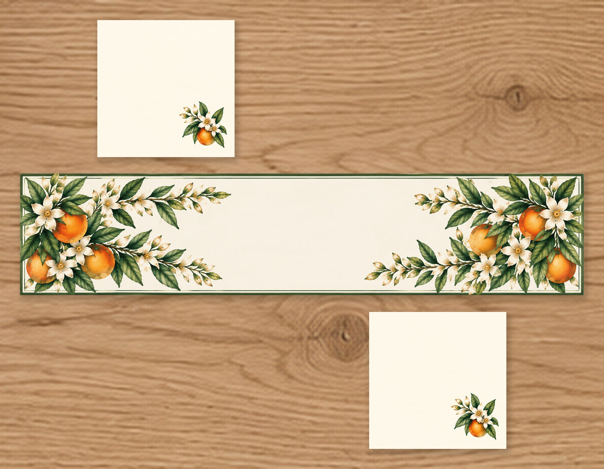 Florida Orange Blossom Watercolor Table Runner, Botanical Citrus Décor