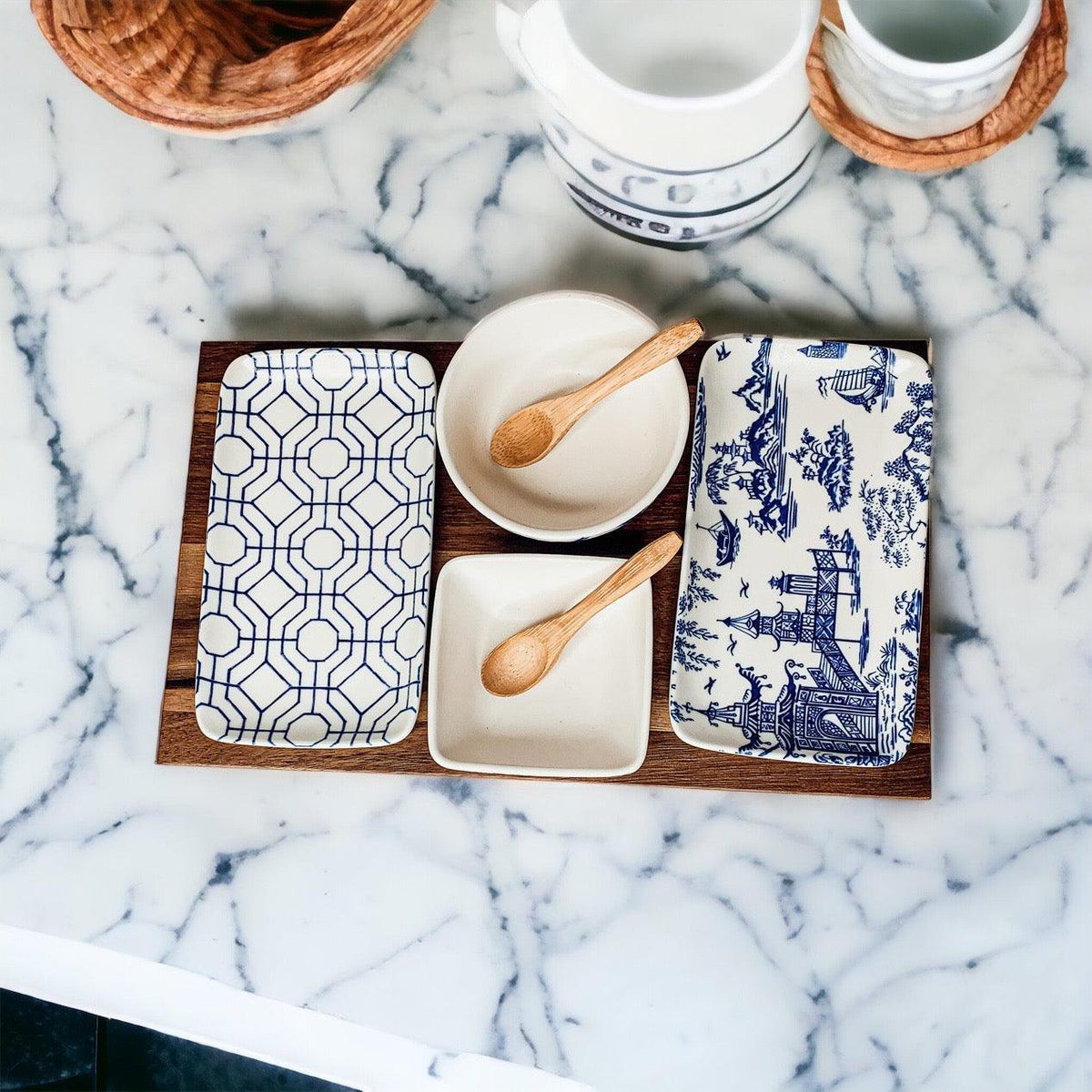 Blue & White Chinoiserie Tapas Serving Set — 7 Pieces