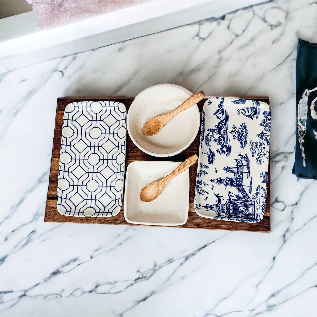 Blue & White Chinoiserie Tapas Serving Set — 7 Pieces