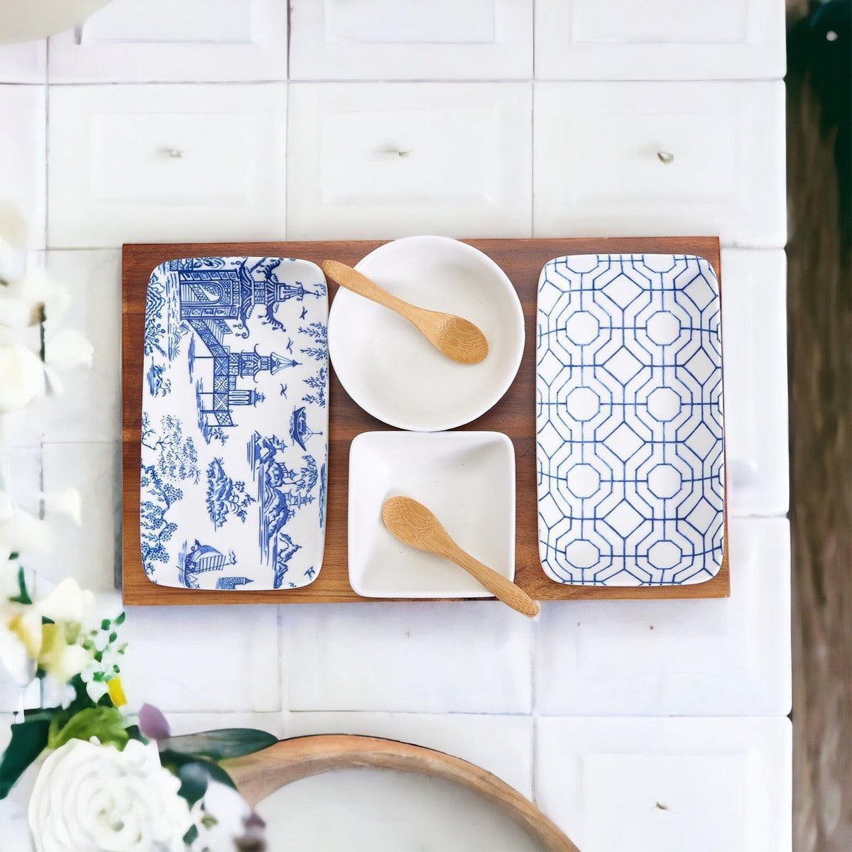 Blue & White Chinoiserie Tapas Serving Set — 7 Pieces