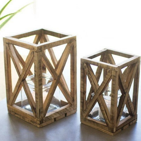 Wooden Lanterns with Glass Votives — Set of 2
