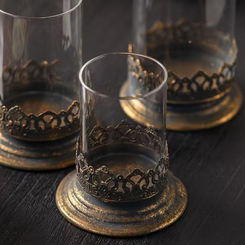 Antique Gold Glass Hurricane Candle Holders — Set of 3