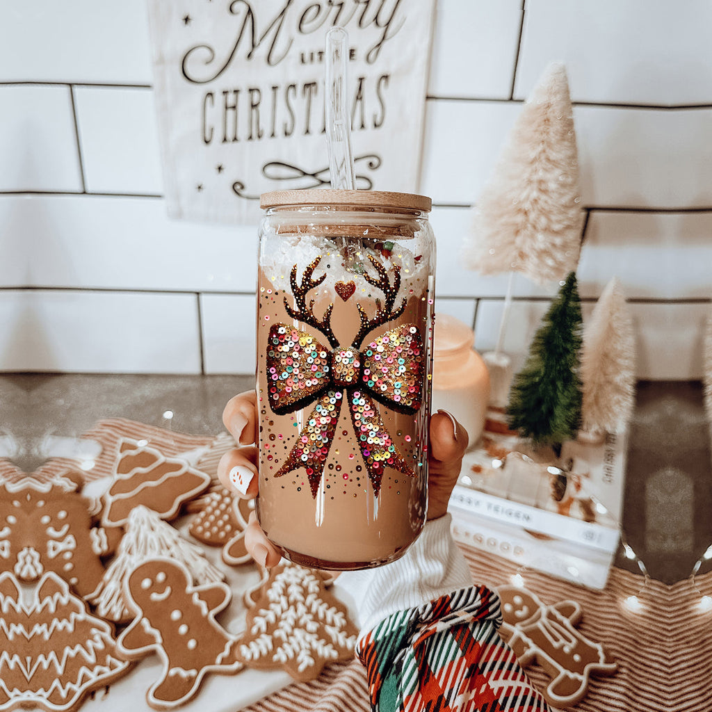 Sequin Bow & Antlers Glass Tumbler — 17 oz