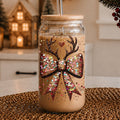 Sequin Bow & Antlers Glass Tumbler — 17 oz