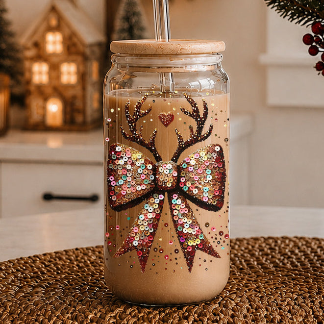Sequin Bow & Antlers Glass Tumbler — 17 oz