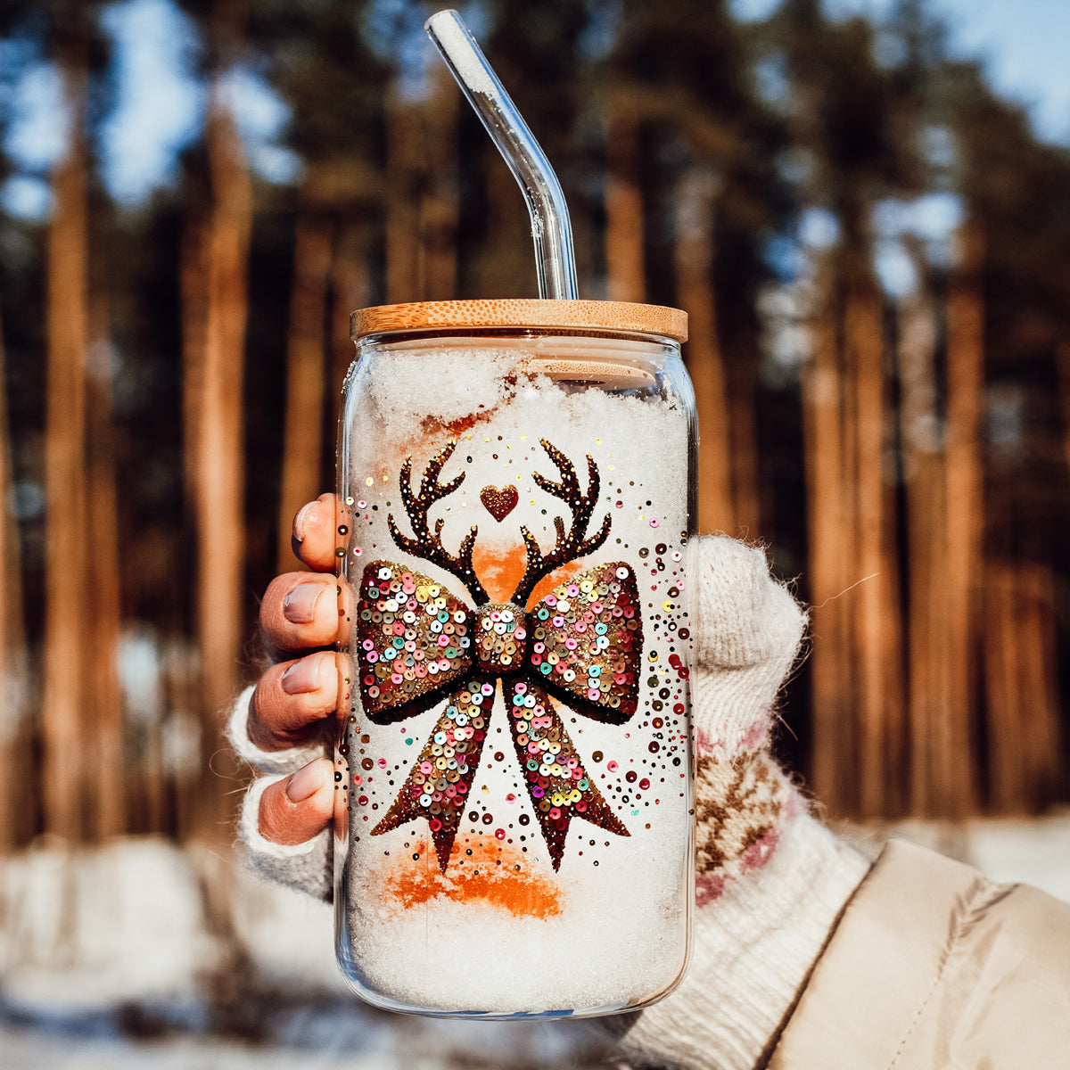 Sequin Bow & Antlers Glass Tumbler — 17 oz