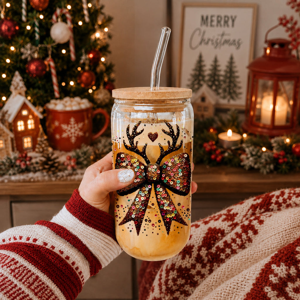 Sequin Bow & Antlers Glass Tumbler — 17 oz