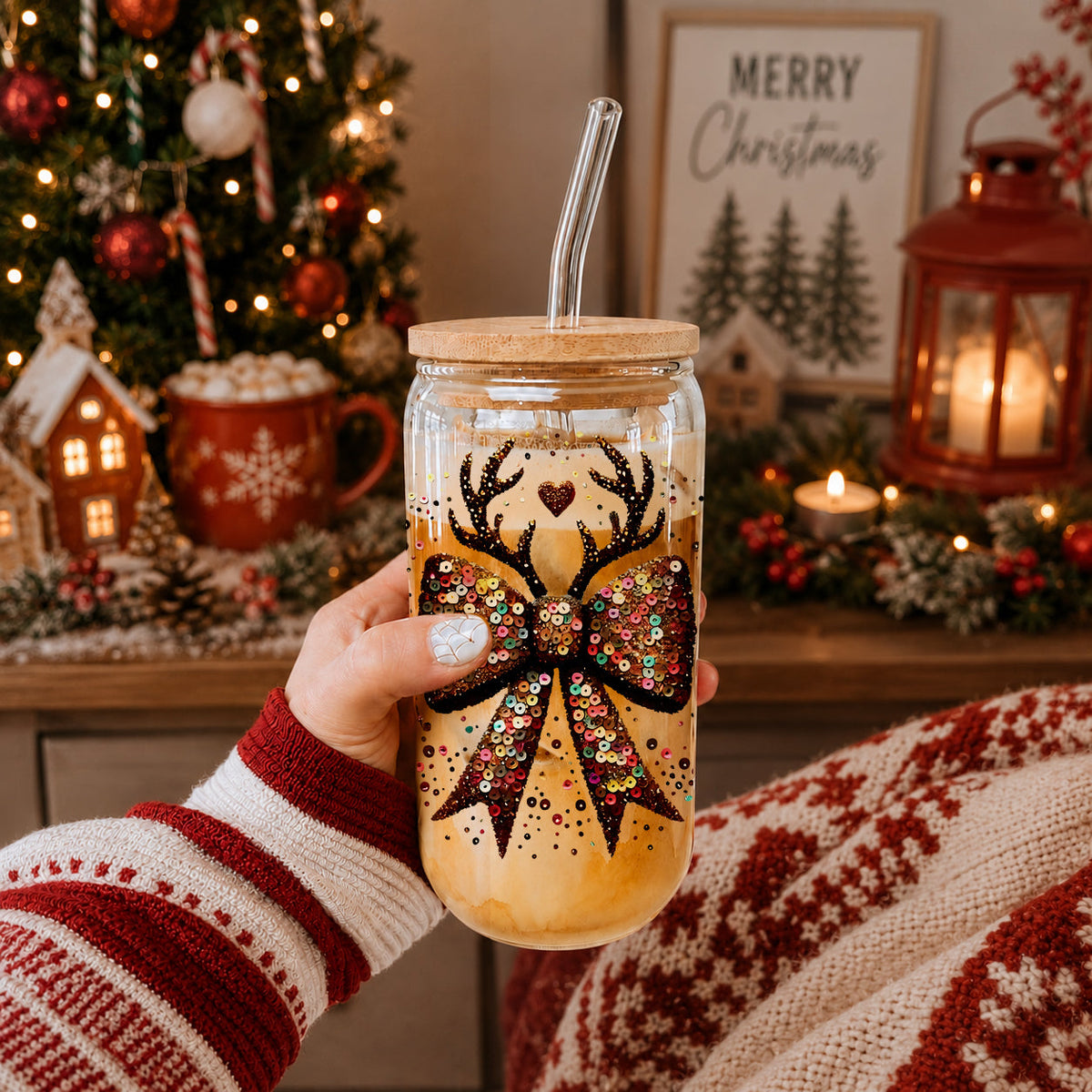 Sequin Bow & Antlers Glass Tumbler — 17 oz