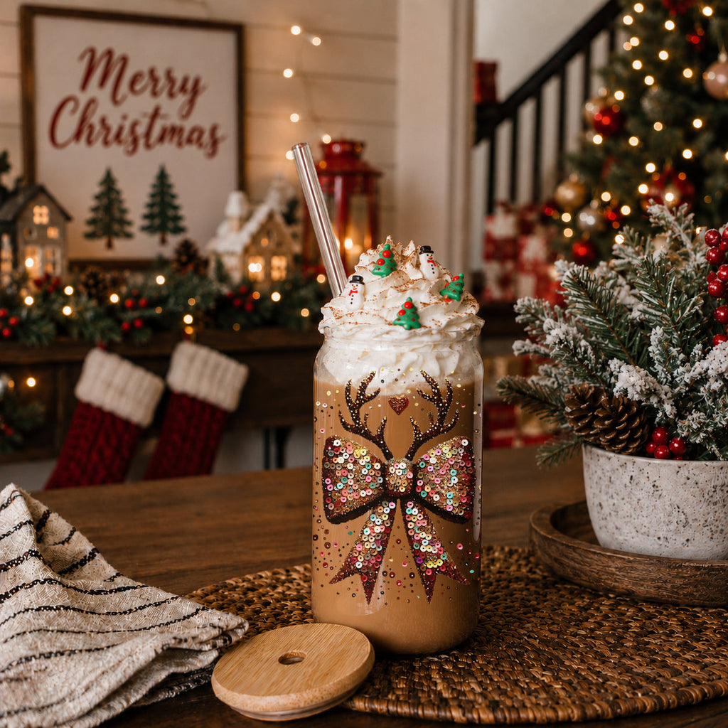 Sequin Bow & Antlers Glass Tumbler — 17 oz