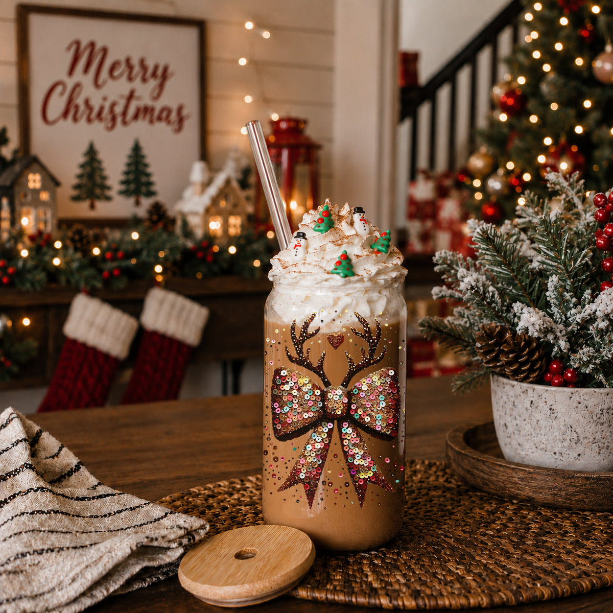 Sequin Bow & Antlers Glass Tumbler — 17 oz