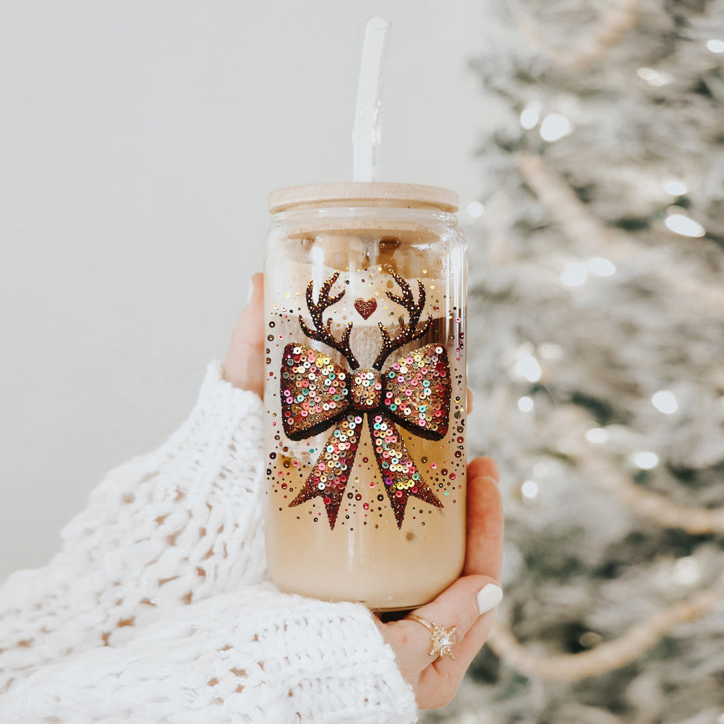 Sequin Bow & Antlers Glass Tumbler — 17 oz