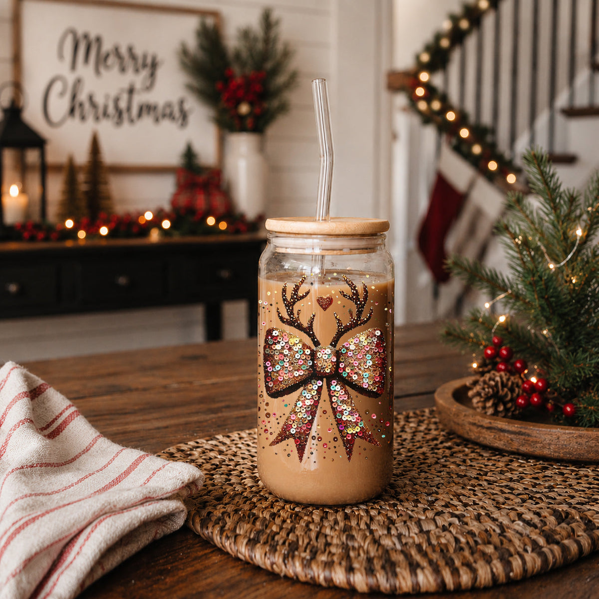 Sequin Bow & Antlers Glass Tumbler — 17 oz
