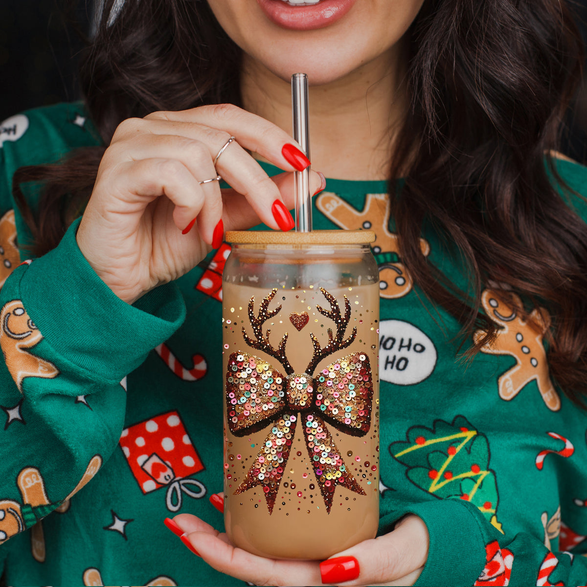 Sequin Bow & Antlers Glass Tumbler — 17 oz