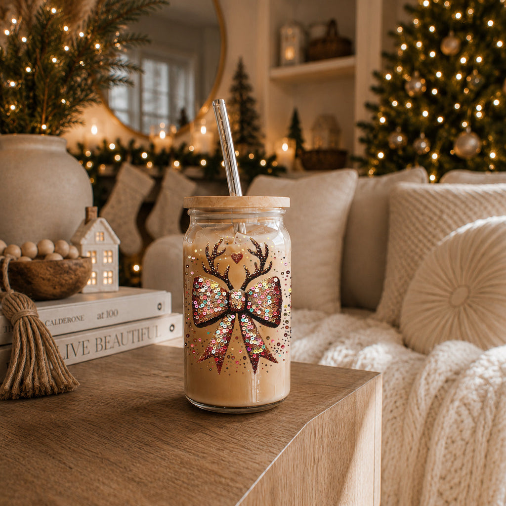 Sequin Bow & Antlers Glass Tumbler — 17 oz