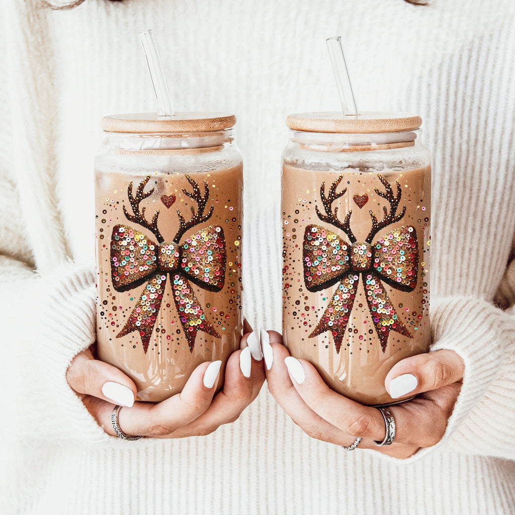 Sequin Bow & Antlers Glass Tumbler — 17 oz