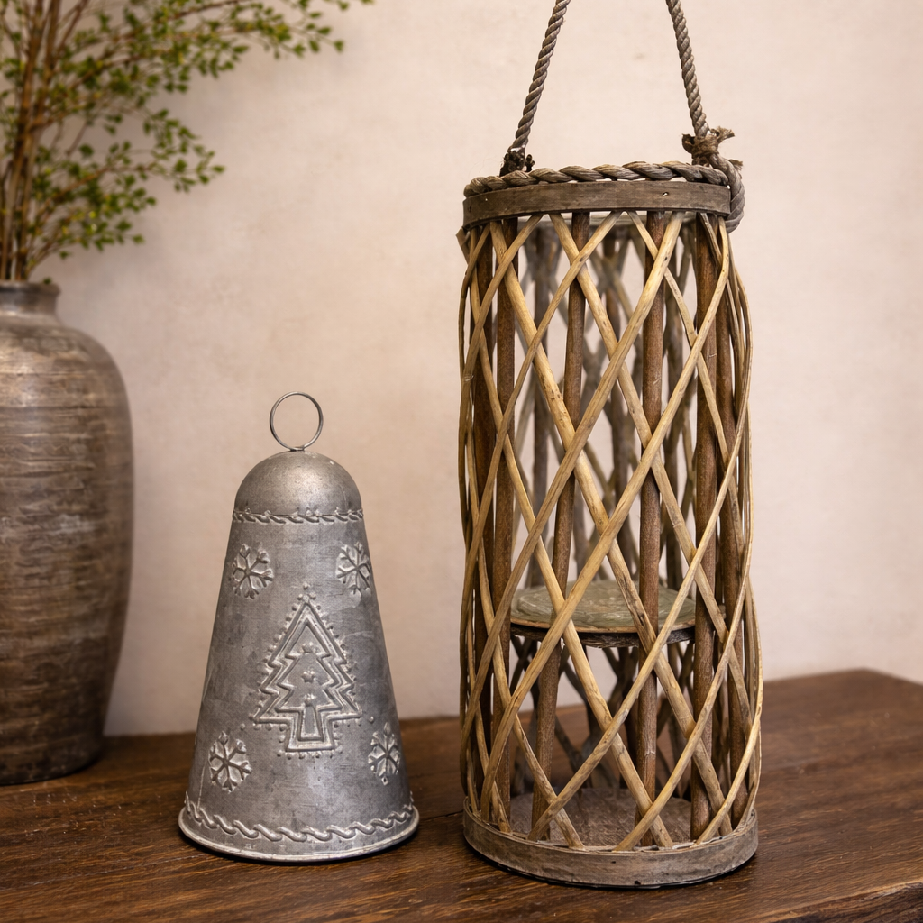 Woven Willow Lantern with Glass Hurricane