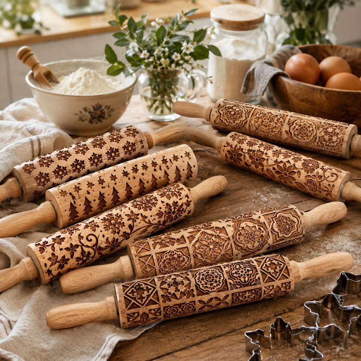 Decorative Rolling Pin with Two Cookie Cutters
