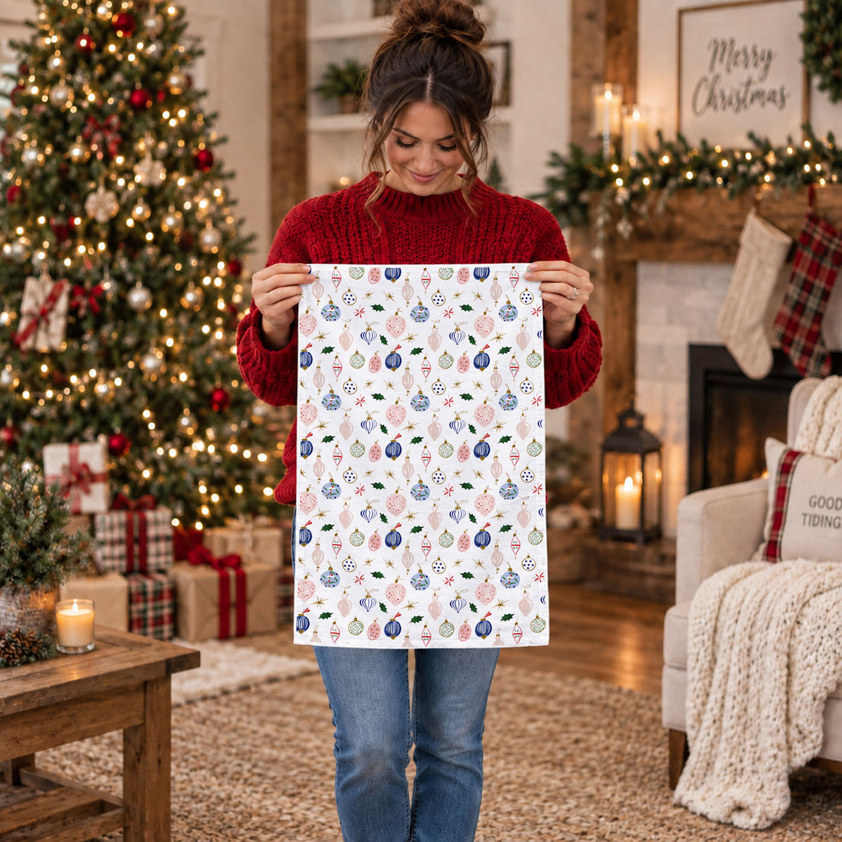 Blue Ornaments Christmas Kitchen Towel