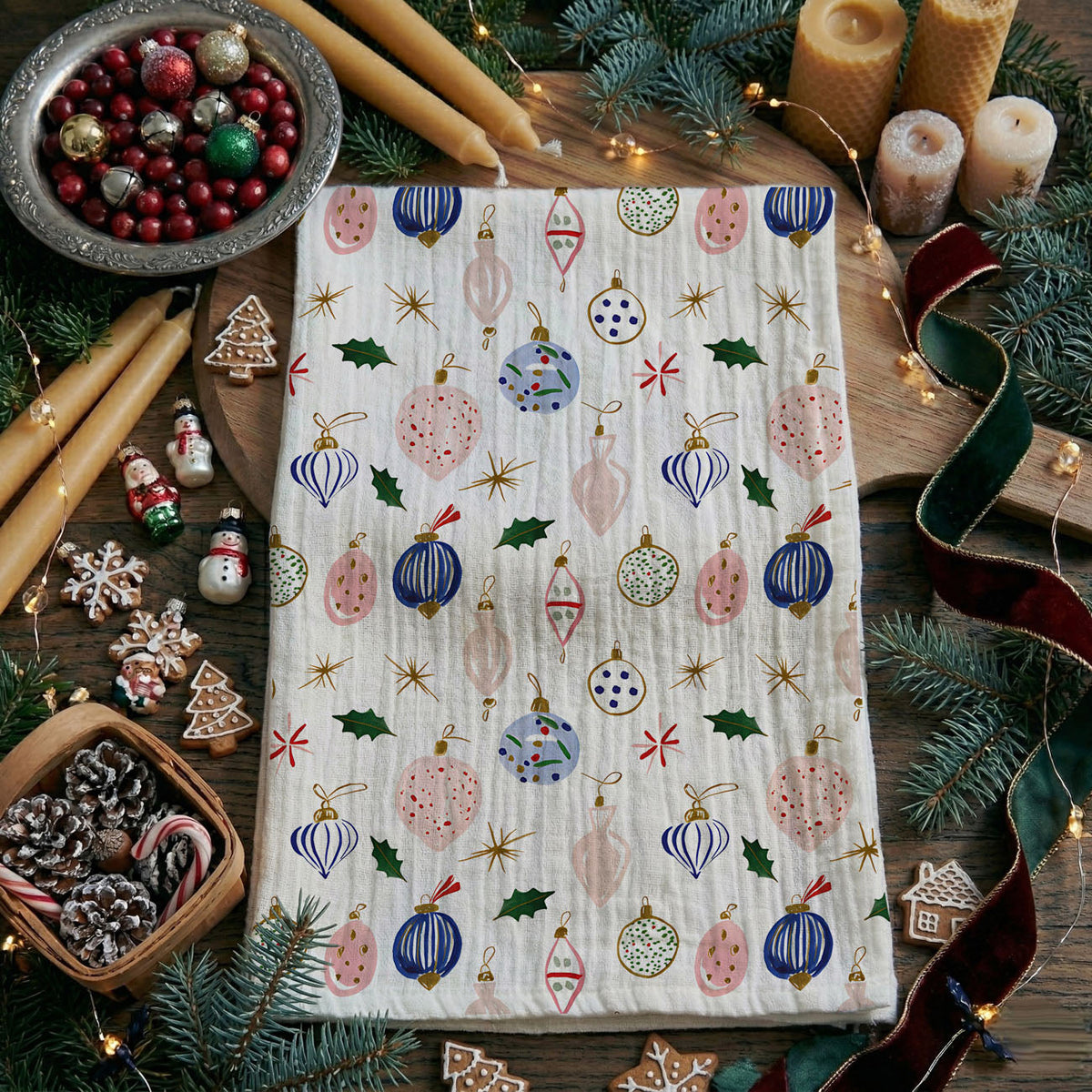 Blue Ornaments Christmas Kitchen Towel