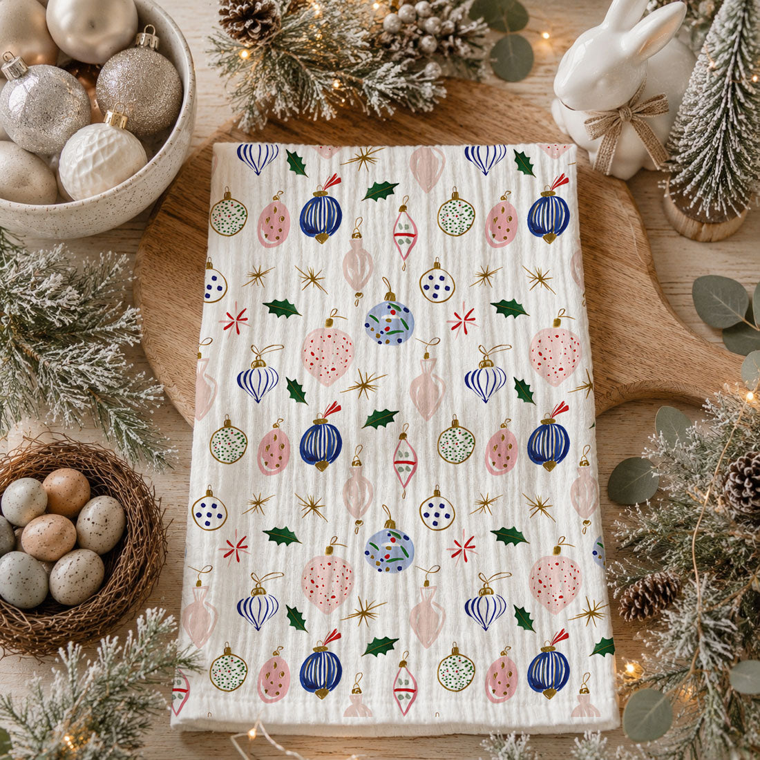 Blue Ornaments Christmas Kitchen Towel