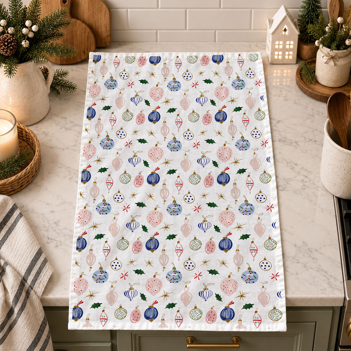 Blue Ornaments Christmas Kitchen Towel