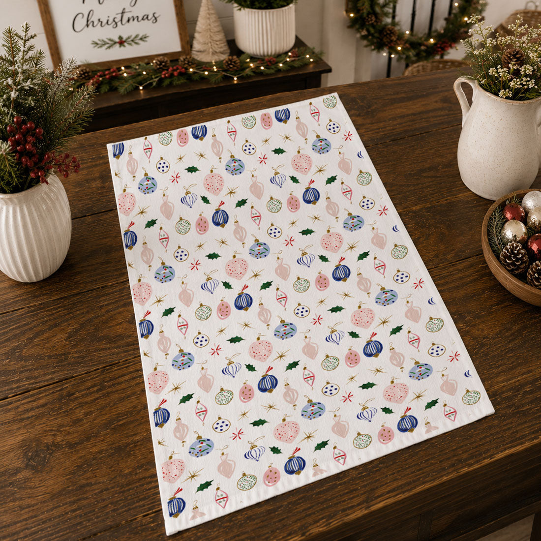 Blue Ornaments Christmas Kitchen Towel