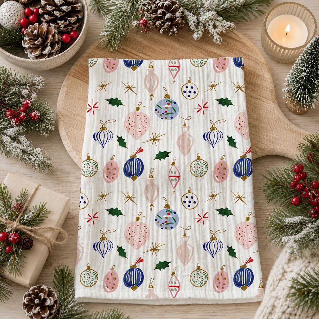 Blue Ornaments Christmas Kitchen Towel