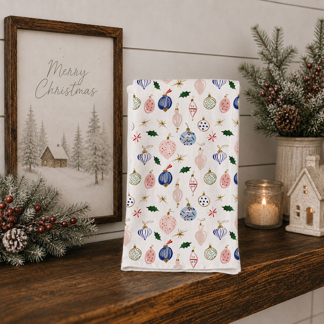 Blue Ornaments Christmas Kitchen Towel