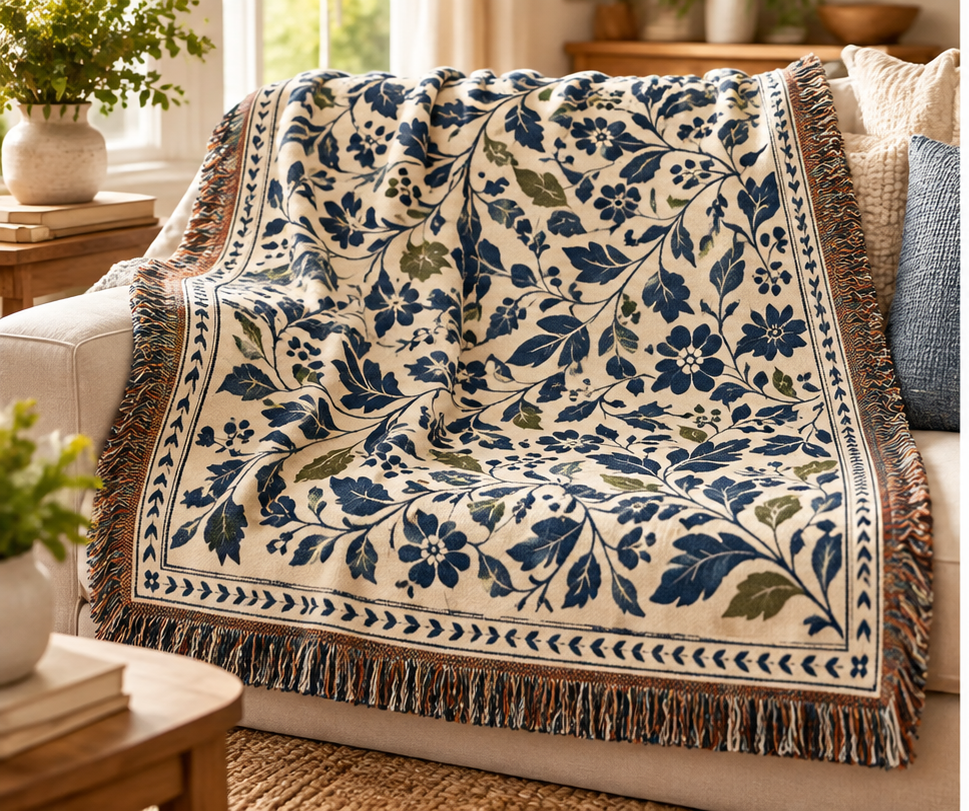 Gathered at Home Botanical cotton woven throw styled in a warm living room