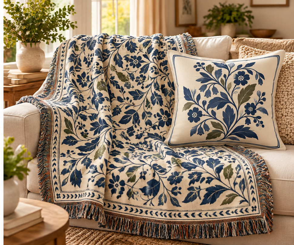 Gathered at Home Botanical cotton woven throw with coordinating Botanical pillow