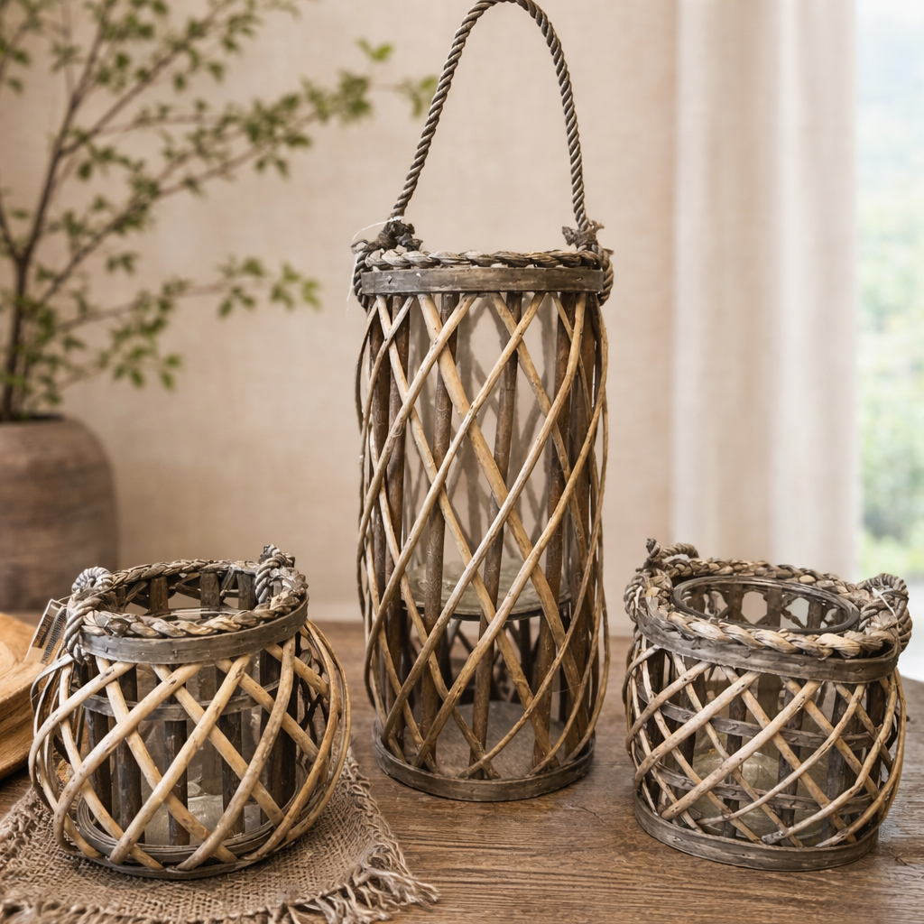 Woven Willow Lantern with Glass Hurricane